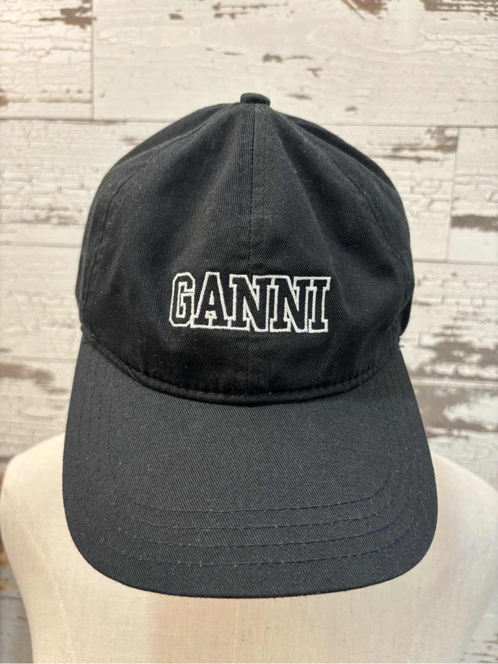 Ganni Organic Canvas Black Baseball Cap with White Outline Logo